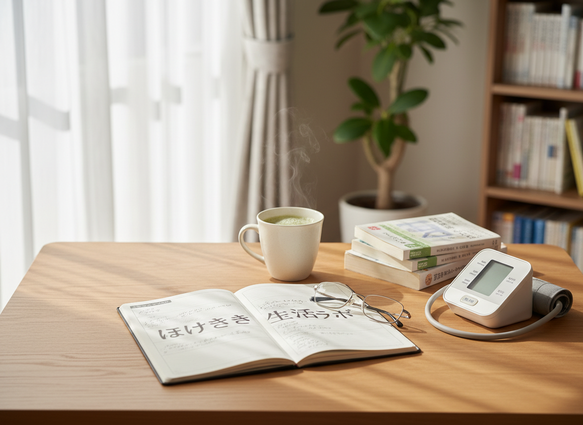 A neatly arranged wooden writing desk in a bright, cozy Japanese living room, topped with an open planner labeled “いきいき生活ラボ” beside a pair of thin reading glasses and a ceramic mug of green tea releasing gentle steam. A small stack of well‑thumbed health guidebooks and a simple digital blood pressure monitor rest nearby. Soft morning sunlight filters through sheer white curtains, creating a warm, reassuring glow and gentle shadows across the wood grain. Photographic realism captured at eye level, with a shallow depth of field that softly blurs a tidy bookshelf and an indoor plant in the background, conveying a calm, trustworthy atmosphere ideal for a senior wellness blog.