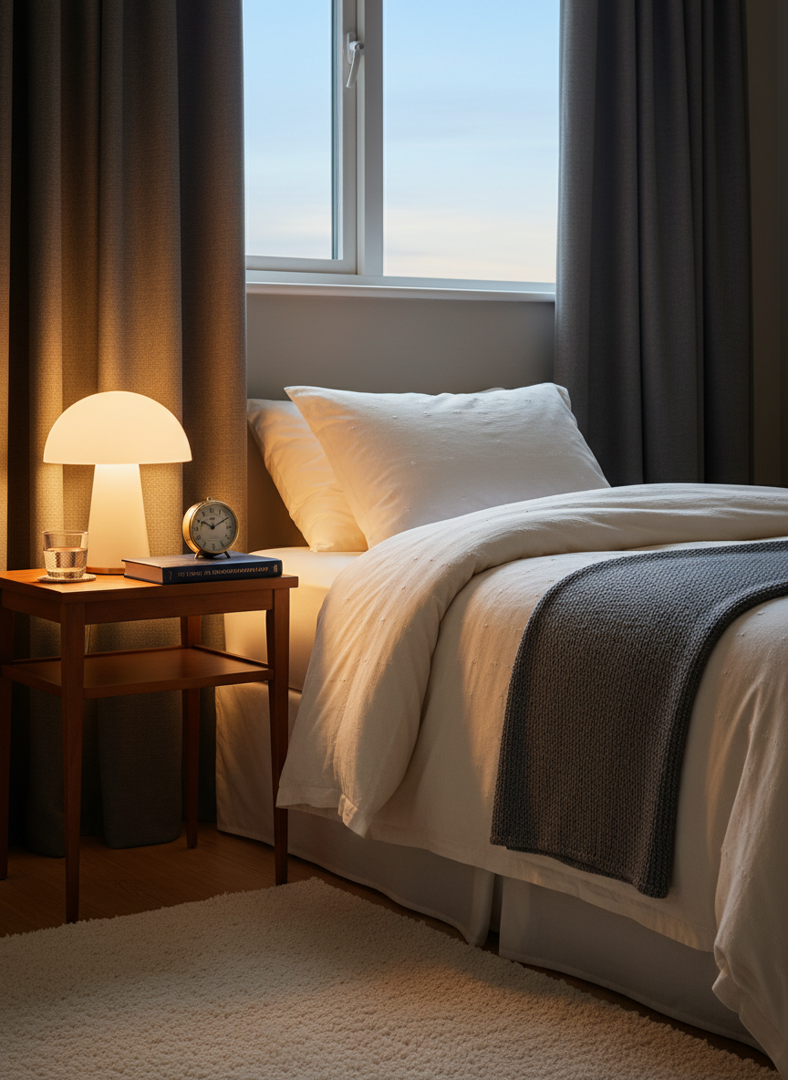 A neatly made single bed in a serene bedroom, covered with a light beige cotton duvet and a soft gray throw folded at the foot. On the bedside table rests a small glass of water, an analog alarm clock, a closed hardcover book about sleep habits, and a dimmable warm-tone bedside lamp casting a gentle, golden pool of light. Blackout curtains are half drawn over a window showing faint evening sky. Photographic realism from a slightly angled side view, with balanced composition emphasizing the bed and bedside table. The mood is calm, safe, and restful, visually supporting themes of sleep quality and daily routines for a vibrant later life.