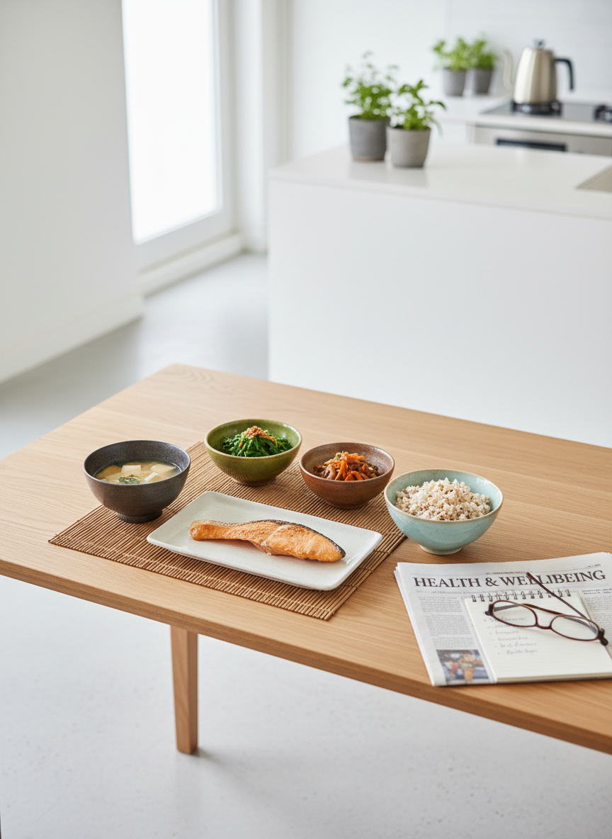 A clean, modern dining table set in a minimalist kitchen, featuring a beautifully balanced Japanese-style meal: grilled salmon with crispy skin, a small bowl of miso soup, multigrain rice, and colorful side dishes of simmered vegetables and pickles, each in simple ceramic bowls. A folded newspaper health section and a small notepad with handwritten nutrition notes sit to the side. Soft overcast daylight streams in from a nearby window, creating natural, even illumination with subtle highlights on the food’s textures. Photographic realism in a slightly elevated composition, with sharp focus on the meal and gentle background blur, expressing the idea of healthy, enjoyable eating in one’s 60s and 70s.